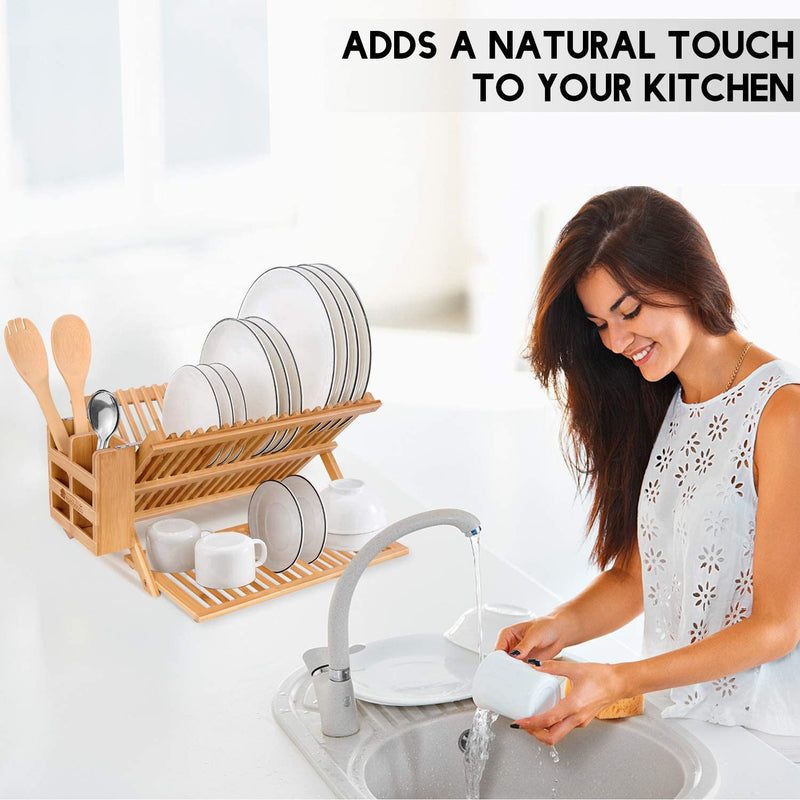 Dish Drying Rack Bamboo Kitchen Collapsible 3 Tier Drainer Rack with Utensils Flatware Holder