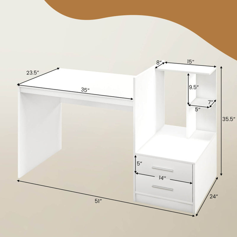 Computer Desk Home Office with Bookshelf and Drawers