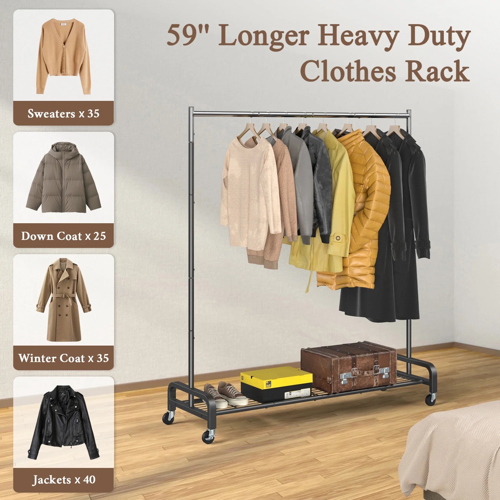 400 Lbs Heavy Duty Rolling Clothes Rack with Wheels, Portable Closet Organizer for Hanging Garment Rack