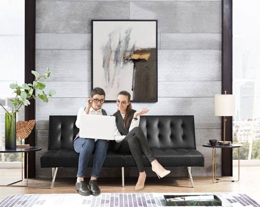 Tufted Split Back Futon Sofa Bed, Faux Leather Couch Bed, Futon Convertible Sofa Bed with Chrome Legs, Folding, Reclining Small Convertible Couch, Futon Couches for Living Room Black