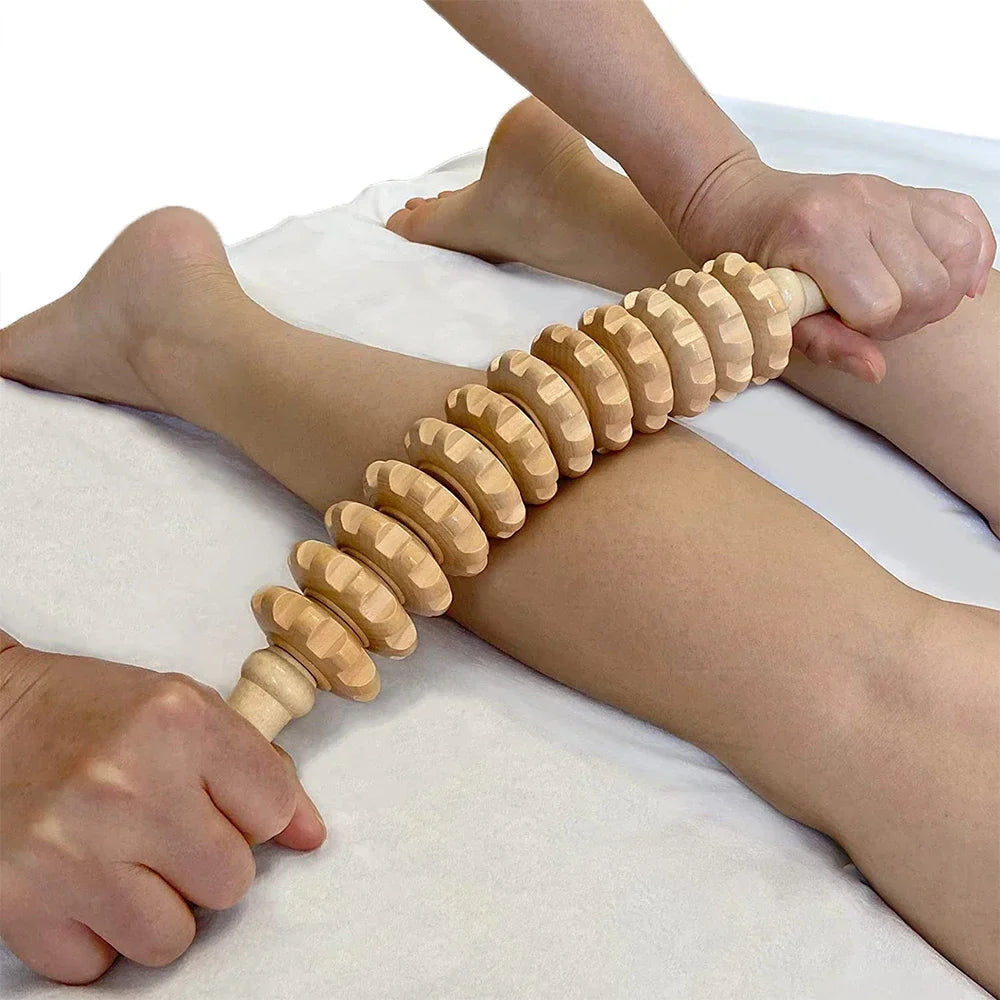 Body Fascia Massager Anti-Slip Handle Wood Grooved Gear Arms Legs Thighs Buttocks Smooth Roller Massager for Back Relaxation