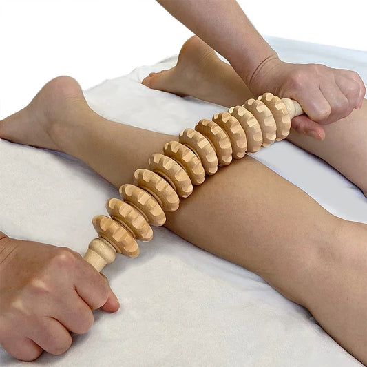 Body Fascia Massager Anti-Slip Handle Wood Grooved Gear Arms Legs Thighs Buttocks Smooth Roller Massager for Back Relaxation