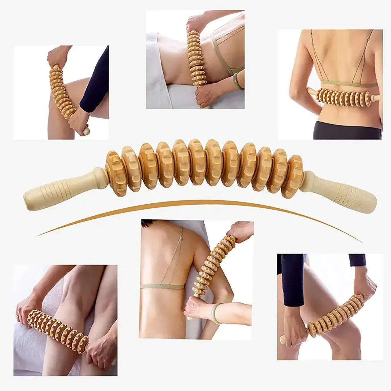 Body Fascia Massager Anti-Slip Handle Wood Grooved Gear Arms Legs Thighs Buttocks Smooth Roller Massager for Back Relaxation