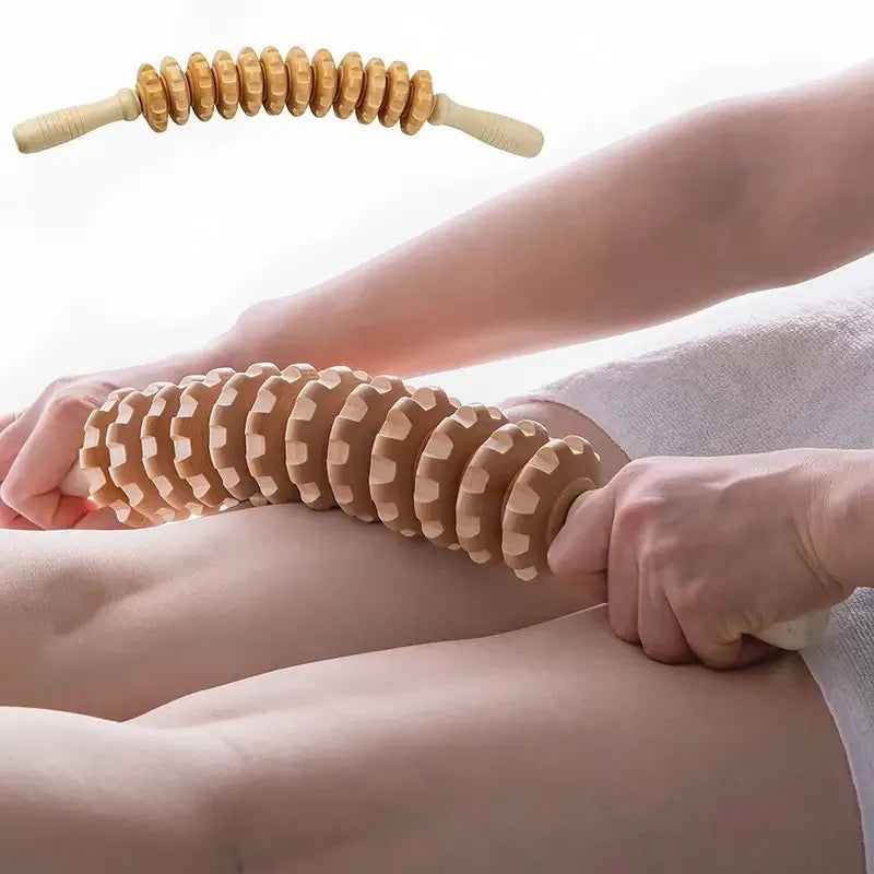 Body Fascia Massager Anti-Slip Handle Wood Grooved Gear Arms Legs Thighs Buttocks Smooth Roller Massager for Back Relaxation