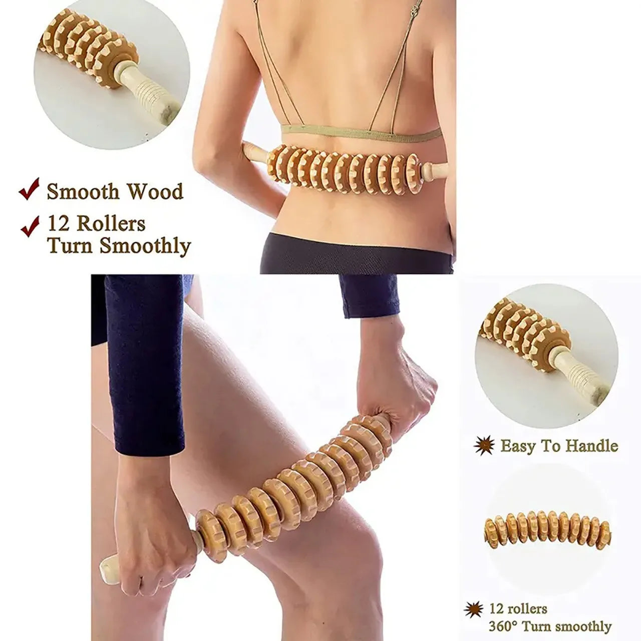 Body Fascia Massager Anti-Slip Handle Wood Grooved Gear Arms Legs Thighs Buttocks Smooth Roller Massager for Back Relaxation