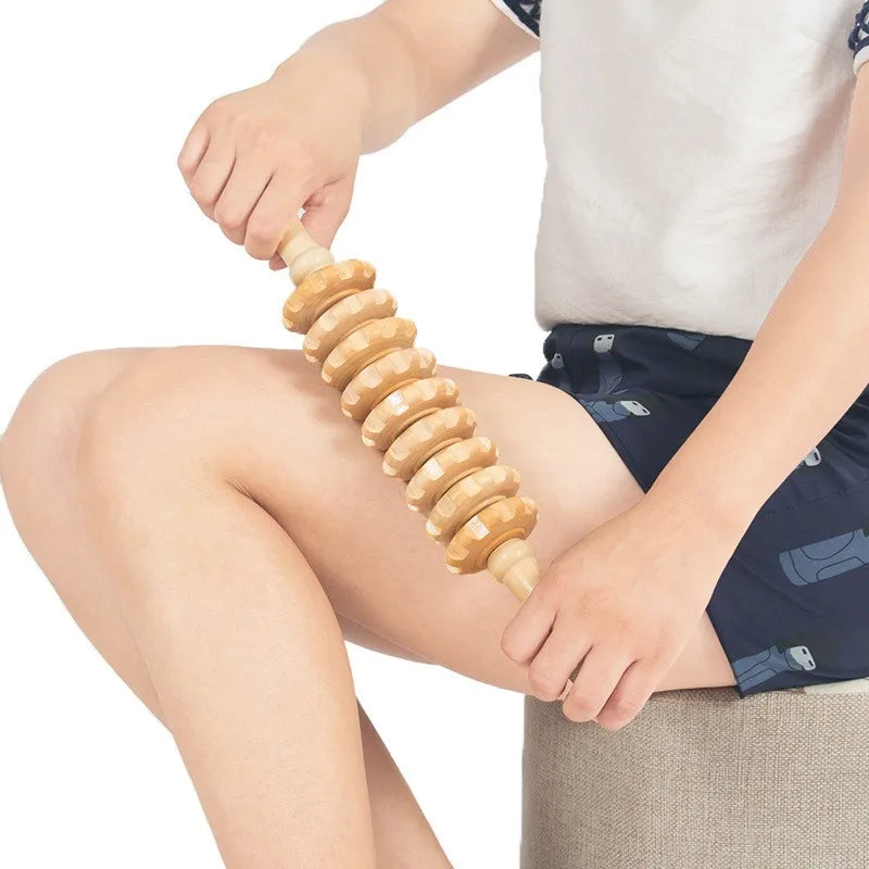 Body Fascia Massager Anti-Slip Handle Wood Grooved Gear Arms Legs Thighs Buttocks Smooth Roller Massager for Back Relaxation