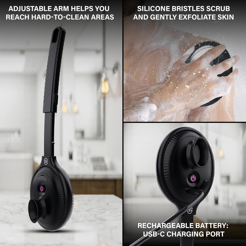 Body & Face Electric Vibrating Shower Scrubber, 4 Vibrating Modes, Extendable Handle, Detachable Head – Silicone Massage Brush, Waterproof (Black)