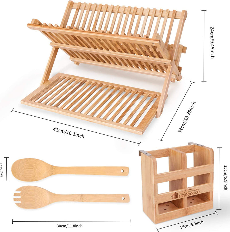 Dish Drying Rack Bamboo Kitchen Collapsible 3 Tier Drainer Rack with Utensils Flatware Holder