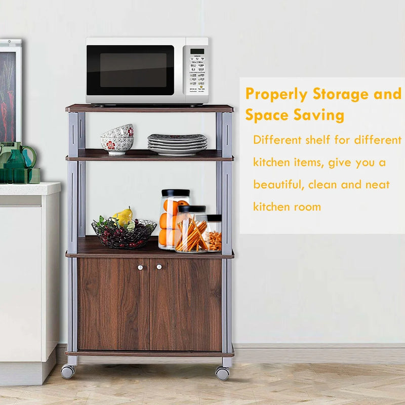 Bakers Rack Microwave Stand Rolling Storage Cart Multi-Functional Display Walnut