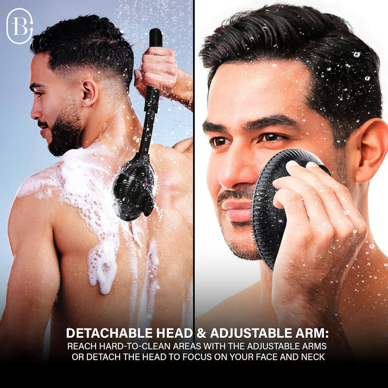 Body & Face Electric Vibrating Shower Scrubber, 4 Vibrating Modes, Extendable Handle, Detachable Head – Silicone Massage Brush, Waterproof (Black)