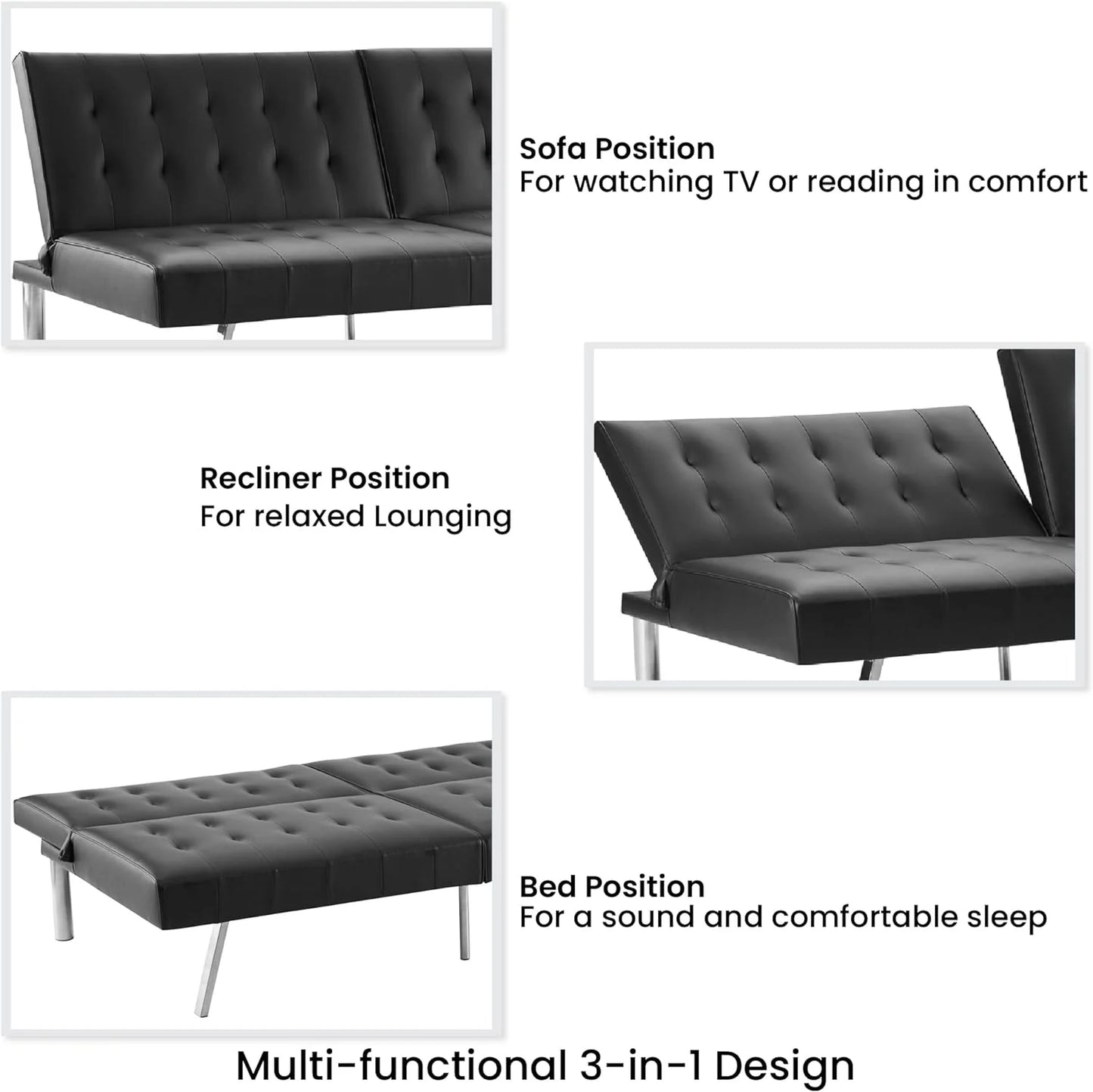 Tufted Split Back Futon Sofa Bed, Faux Leather Couch Bed, Futon Convertible Sofa Bed with Chrome Legs, Folding, Reclining Small Convertible Couch, Futon Couches for Living Room Black