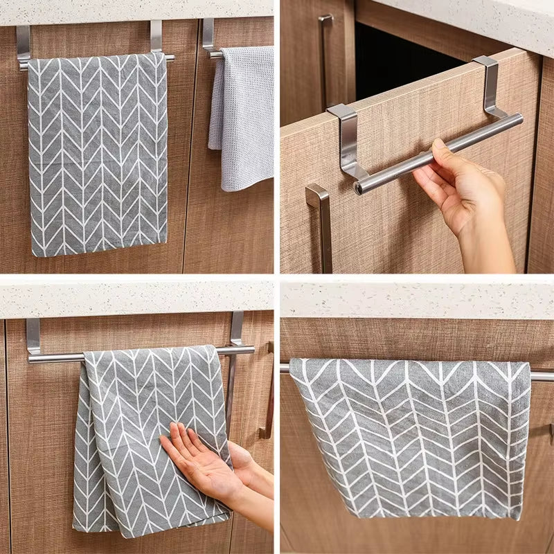 Kitchen Cabinet Door Towel Bar Stainless Steel Door Back Towel Hanging Holder Bathroom Punch-Free Towels Hooks Home Organizer