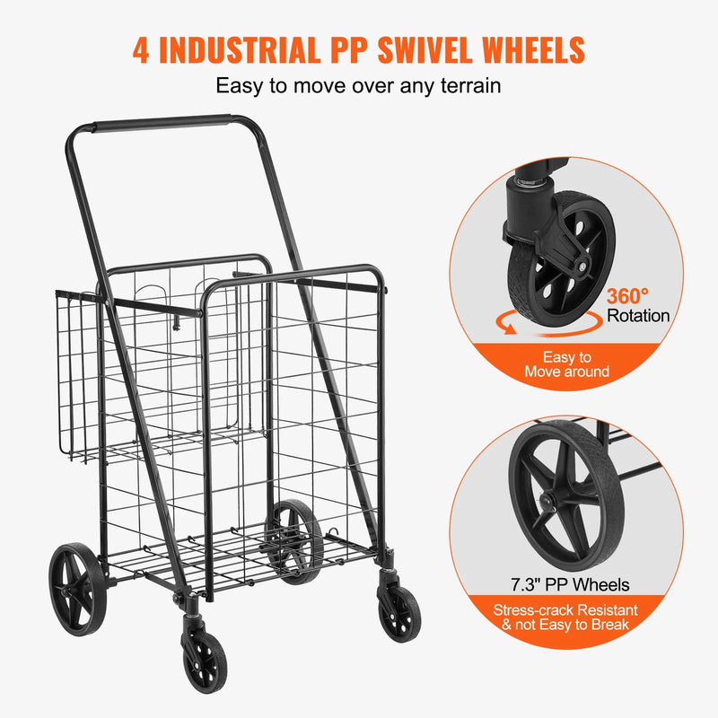 VEVOR Folding Shopping Cart, Jumbo Grocery Cart with Double Baskets, 360¡Ã Swivel Wheels, Heavy Duty Utility Cart, 110 LBS Large Capacity Utility Cart for Laundry, Shopping, Grocery, Luggage
