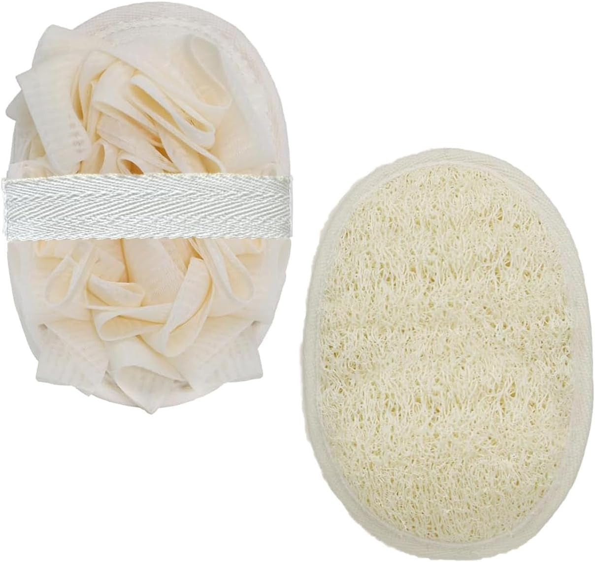 Loofah Sponge Exfoliating Body Scrubber (2 Pack), Double-Sided Natural Loofah Pads & Bath Shower Sponge Mesh Pouf Ball for Women and Men, Travel-Friendly Body Scrubbers, Deep Clean & Exfoliation