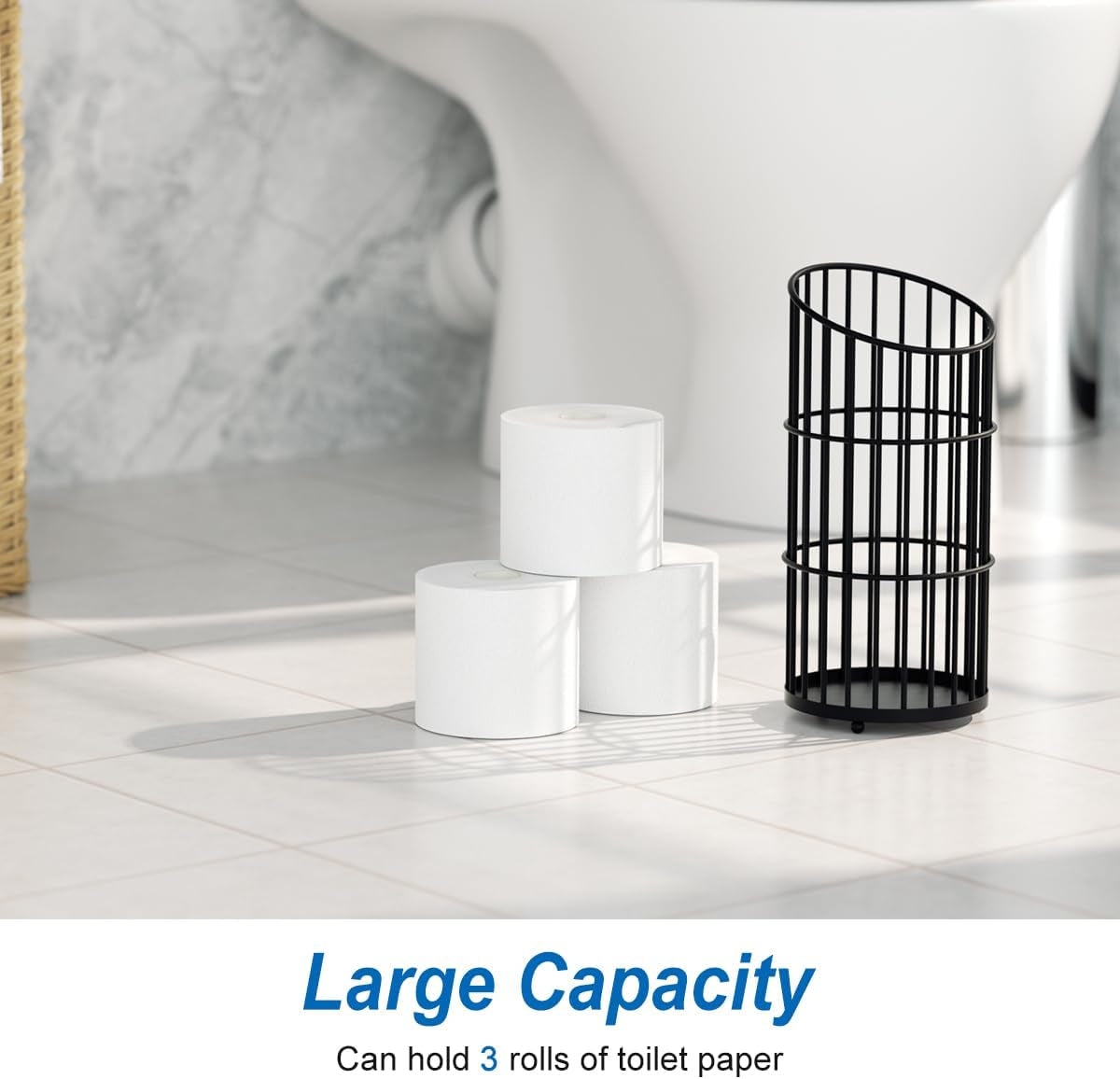 Toilet Paper Holder Stand Bathroom Toilet Paper Storage Tissue Roll Paper Reserve Holder for 3 Spare Mega Rolls-Black