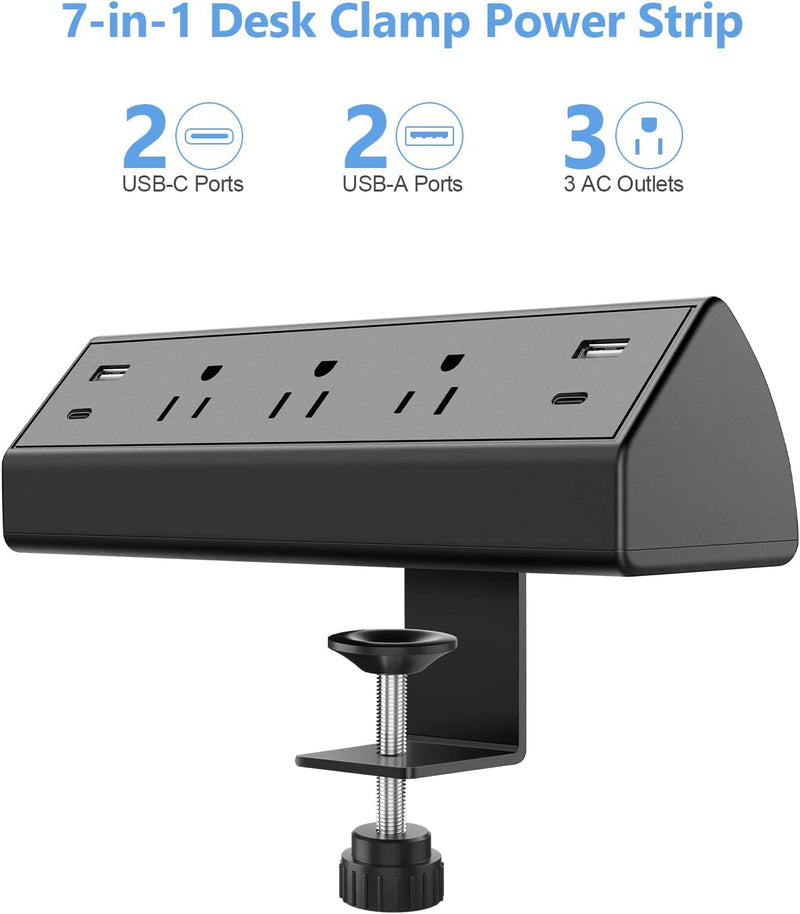 Desk Clamp Power Strip USB C,Desktop Mount Surge Protector,40W Fast Charging Station,2 PD 20W USB C Ports,3 Outlets,6Ft Flat Plug,Desk Edge Power Strip for Home,Office,Fit 1.96