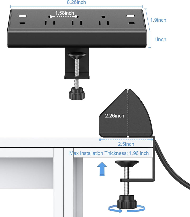 Desk Clamp Power Strip USB C,Desktop Mount Surge Protector,40W Fast Charging Station,2 PD 20W USB C Ports,3 Outlets,6Ft Flat Plug,Desk Edge Power Strip for Home,Office,Fit 1.96