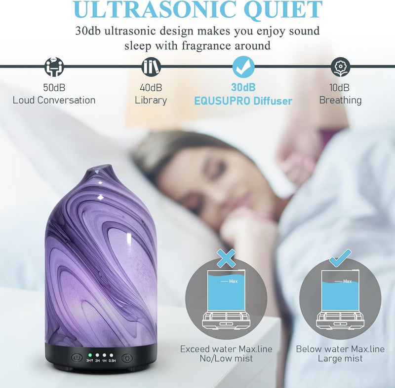 Essential Oil Diffuser Aromatherapy Diffuser - 120Ml Glass Ultrasonic Cool Mist Scent Aroma Diffuser, Whisper Quiet with Auto Shut-Off, 4 Timer Setting &7 Colors Night Light for Home (Grey Wave)