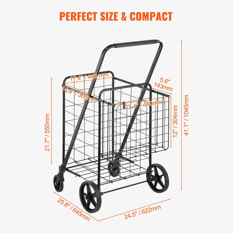 VEVOR Folding Shopping Cart, Jumbo Grocery Cart with Double Baskets, 360¡Ã Swivel Wheels, Heavy Duty Utility Cart, 110 LBS Large Capacity Utility Cart for Laundry, Shopping, Grocery, Luggage