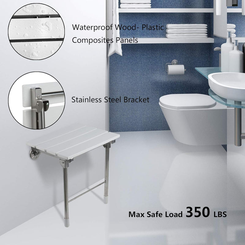 Folding Shower Seat Wall Mounted Bathroom Bathtub Safety Stool Chair, Solid Wood, with Support Legs, Load of 350 Lbs, 14.88
