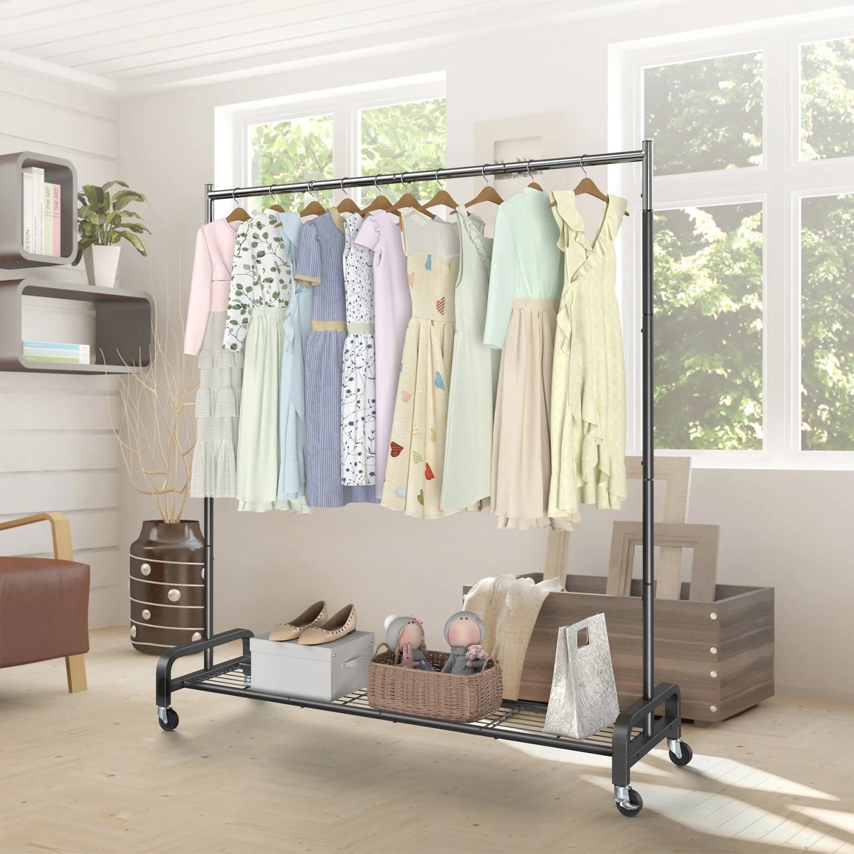 400 Lbs Heavy Duty Rolling Clothes Rack with Wheels, Portable Closet Organizer for Hanging Garment Rack
