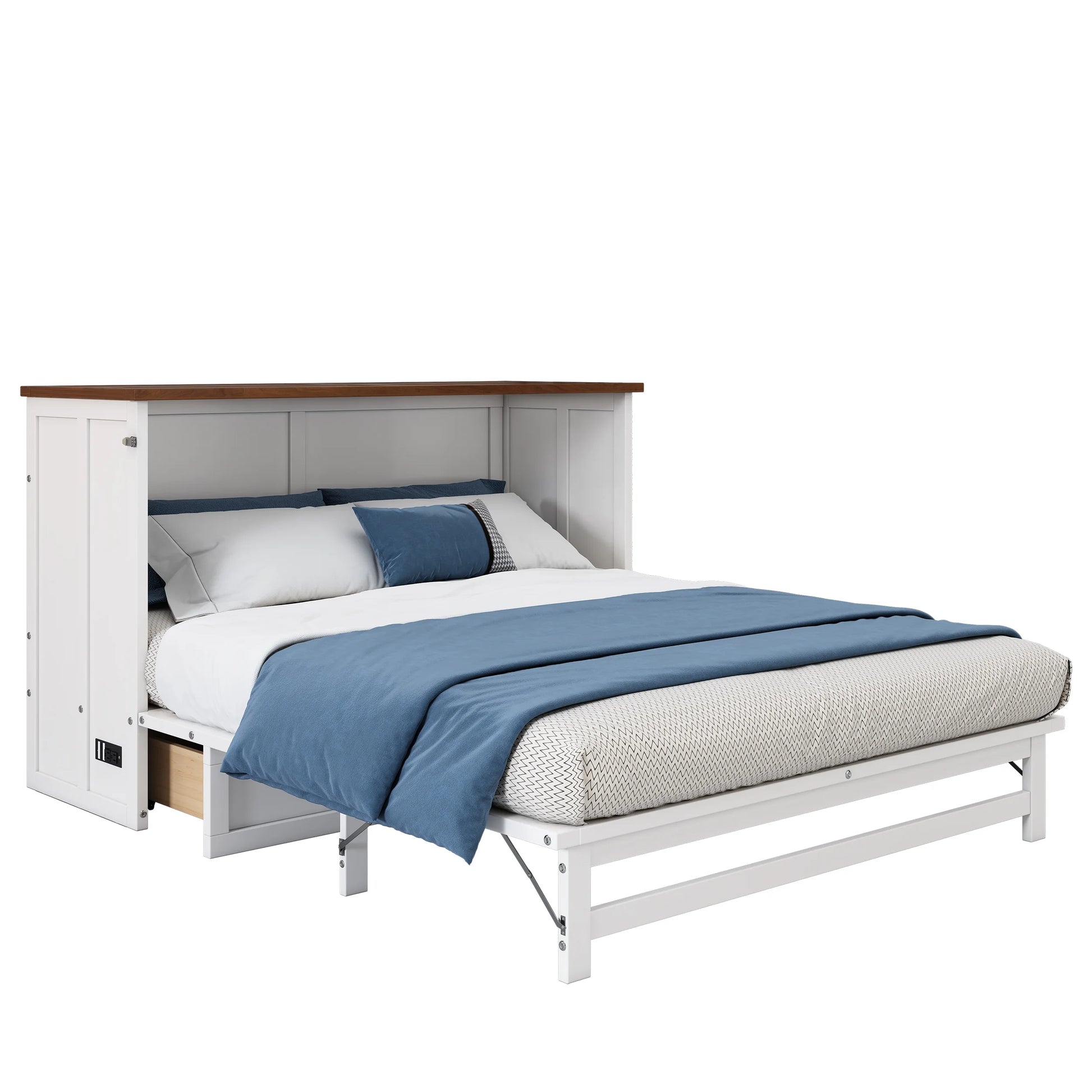 Murphy Bed Full with Storage Drawer, Solid Wood Full Size Murphy Bed Cabinet with Charging Station, Easy Fold Modern Murphy Beds for Guest Room Home Office (White+Walnut)