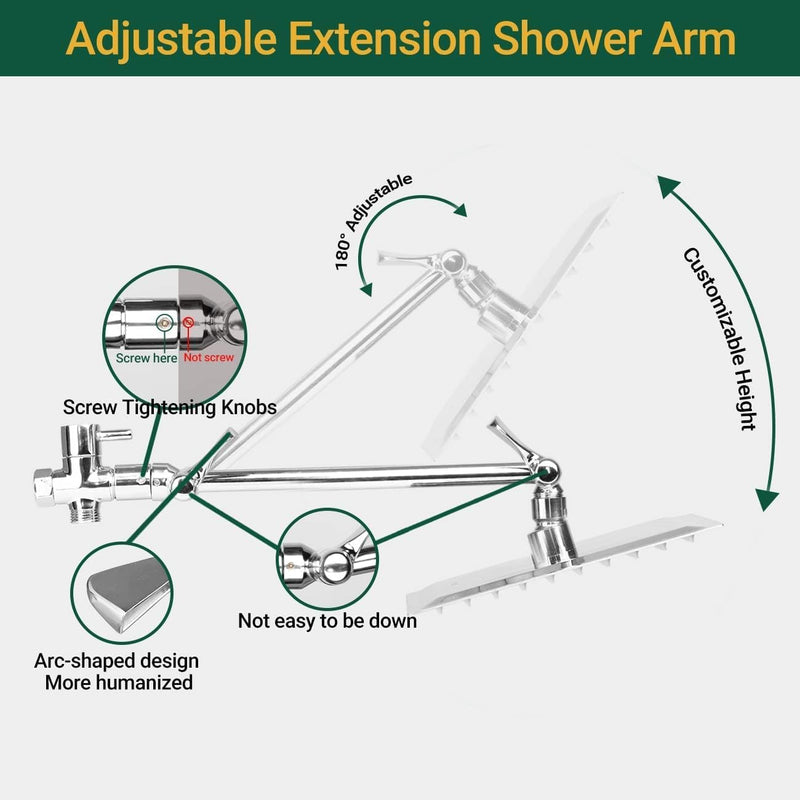 8 Inches Square Fixed Rain Showerhead with 11 Inches Adjustable Extension Arm, Large Stainless Steel High Pressure Shower Head,Ultra Thin Rainfall Bath Shower