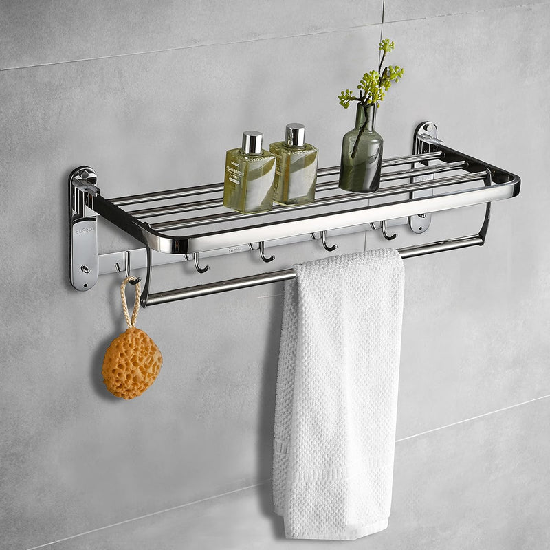 24 Inch Bathroom Shelf with Foldable Towel Bar Holder and 5 Towel Hooks Double Towel Rack for Bathroom Wall Mounted SUS304 Stainless Steel No Rust Polished Chrome Double Towel Bar