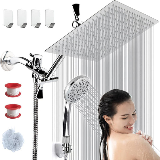 8 Inches Square Fixed Rain Showerhead with 11 Inches Adjustable Extension Arm, Large Stainless Steel High Pressure Shower Head,Ultra Thin Rainfall Bath Shower