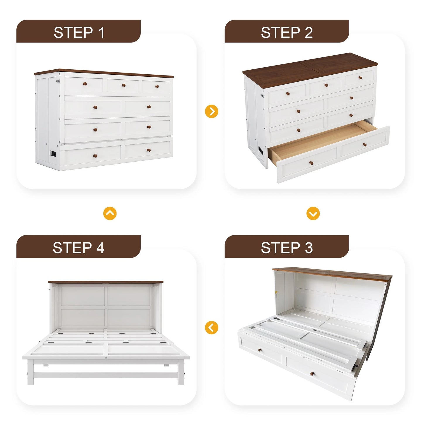 Murphy Bed Full with Storage Drawer, Solid Wood Full Size Murphy Bed Cabinet with Charging Station, Easy Fold Modern Murphy Beds for Guest Room Home Office (White+Walnut)