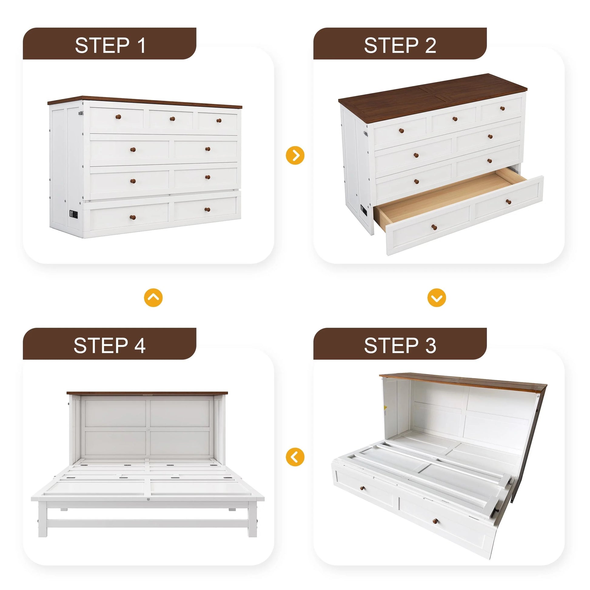 Murphy Bed Full with Storage Drawer, Solid Wood Full Size Murphy Bed Cabinet with Charging Station, Easy Fold Modern Murphy Beds for Guest Room Home Office (White+Walnut)