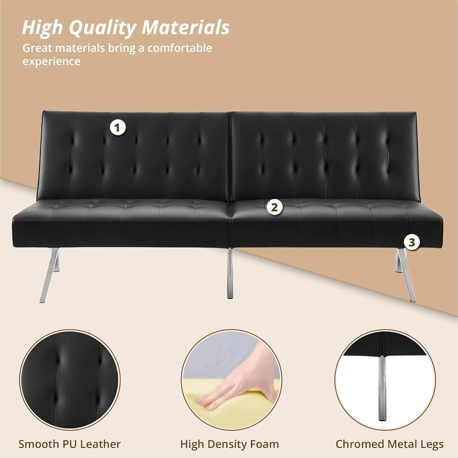 Tufted Split Back Futon Sofa Bed, Faux Leather Couch Bed, Futon Convertible Sofa Bed with Chrome Legs, Folding, Reclining Small Convertible Couch, Futon Couches for Living Room Black