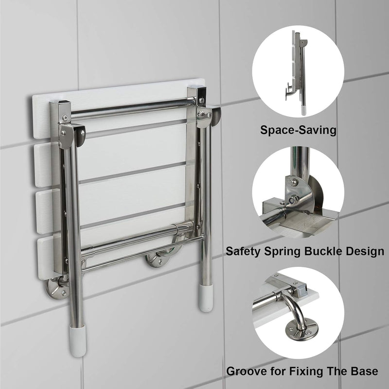 Folding Shower Seat Wall Mounted Bathroom Bathtub Safety Stool Chair, Solid Wood, with Support Legs, Load of 350 Lbs, 14.88